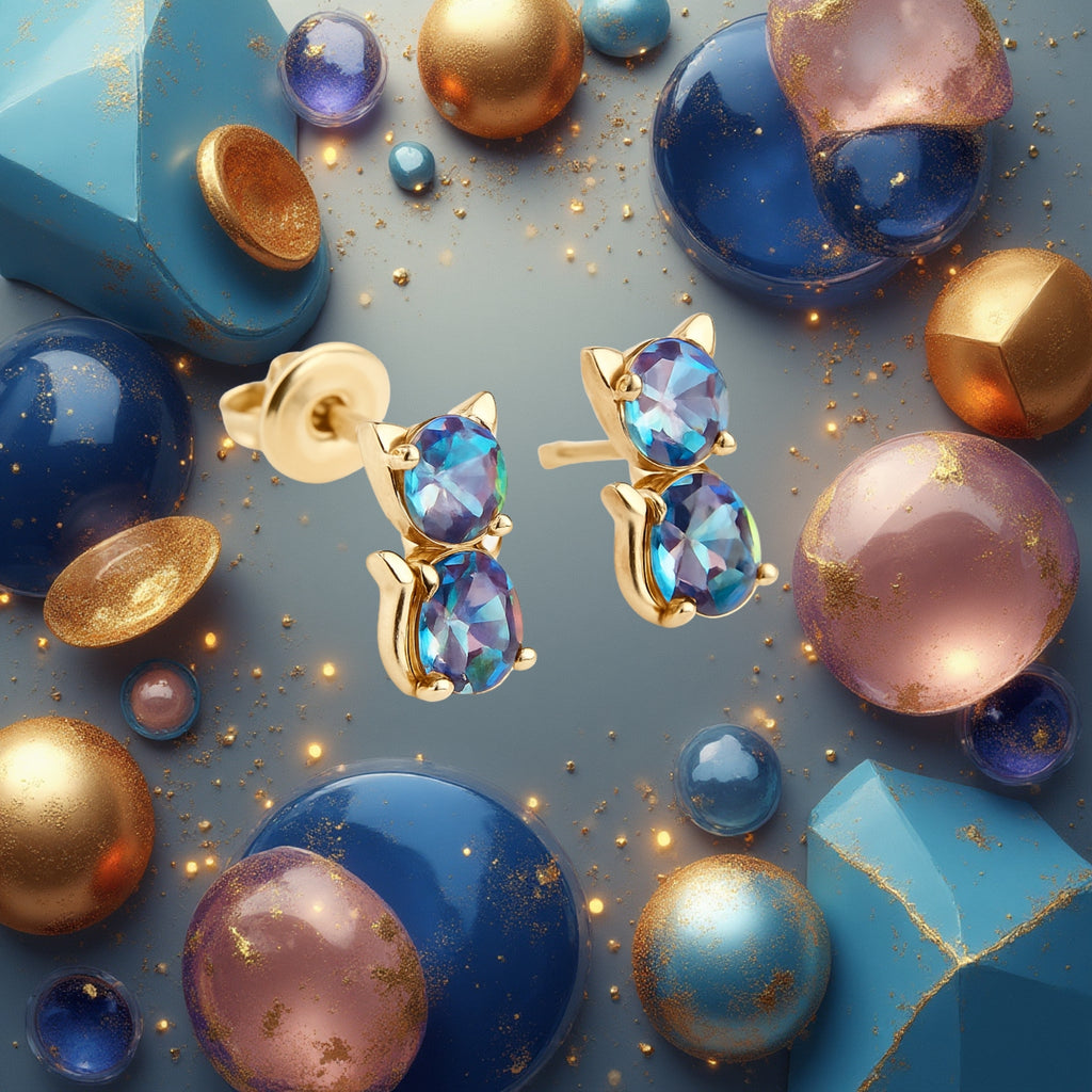 Kişiye Özel Doğum Taşlı Kedi Küpe – 925 Ayar Gümüş / 14K Altın & Rose Kaplama